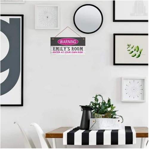 Vista 2 de Señales de advertencia personalizadas "Enter at Your Own Risk" personalizadas para habitación de niñas, entrada, puerta, letreros de madera