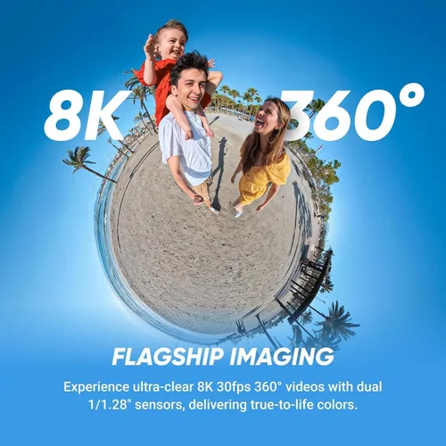Vista 2 de Insta360 X5 - Cámara de acción impermeable 360 con sensores de 1/1.28", video HDR 360 de 8K, foto de 72 MP, lente única 4K a 60 fps, rendimiento