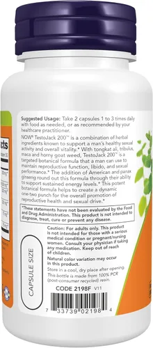 Vista 3 de NOW Suplementos TestoJack™ 200 con Tongkat Ali, Tribulus, Maca y Horny Goat Weed, 60 cápsulas vegetales