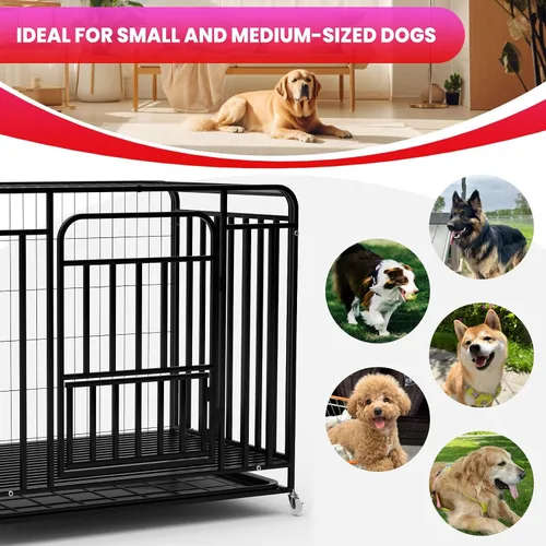 Vista 7 de 42 Heavy Duty Metal Pet Dog Cage Crate 3-Door Lock Design Kennel with 4 Brake Wheels & Removable Bottom Tray