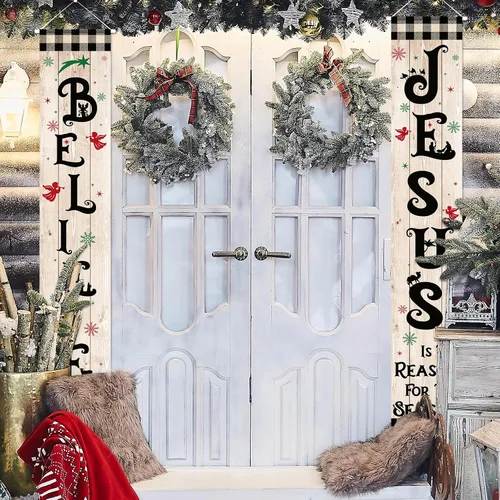 Vista 7 de Tiamon Cartel de Navidad para porche delantero, letrero de belén religioso de invierno, cartel colgante de vacaciones, decoración de Navidad