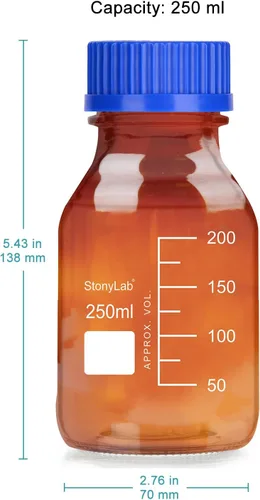 Vista 2 de stonylab Botellas redondas graduadas de vidrio ámbar con tapa de rosca GL45, 8.5 fl oz, 1 paquete