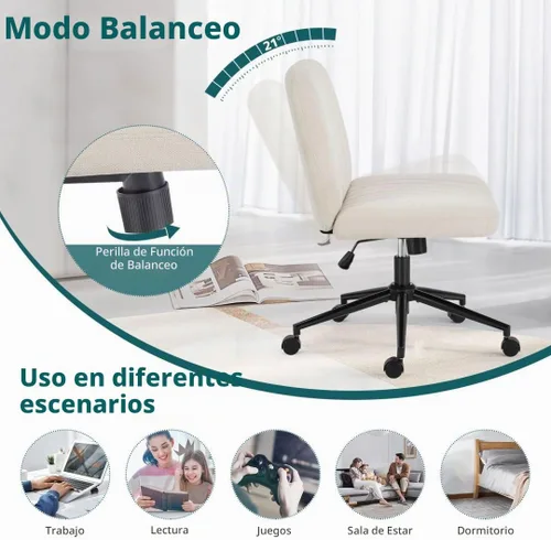 Vista 6 de Silla cruzada con ruedas, asiento ergonómico giratorio sin brazos, cómodo asiento de tocador, respaldo ancho y altura ajustable para hogar, oficina