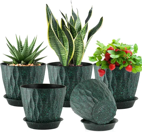 Vista 22 de Meowell Macetas pequeñas de plástico de 4 pulgadas, macetas de plántulas, juego de 5 macetas de ondas de agua para plantas de interior, macetas