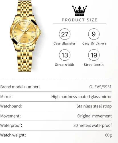 Vista 9 de OLEVS Reloj de pulsera para mujer, elegante, con diamantes, analógico, de cuarzo, de dos tonos, de acero inoxidable, impermeable, luminoso, regalo