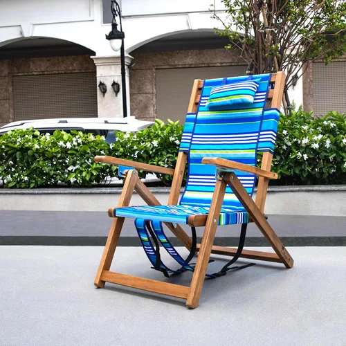 Vista 2 de Melino Silla plegable de madera para exteriores, 3 posiciones, reclinable, con almohada, bolsa con cremallera, correa de transporte, marco de madera