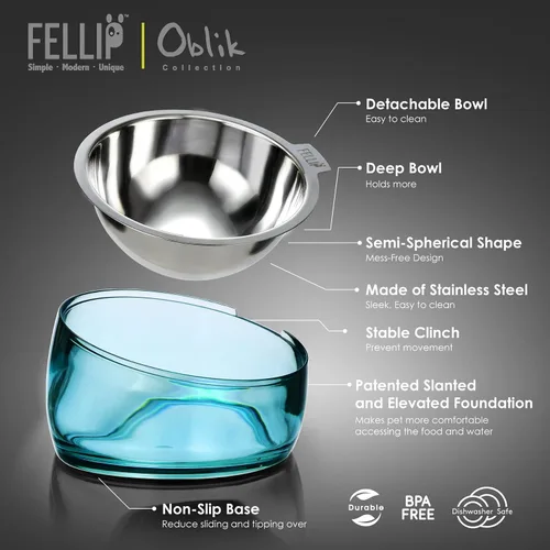 Vista 6 de Felli Pet Oblik - Tazón de agua inclinado para comida para perros, plato ovalado de acero inoxidable, ergonómico, en ángulo, a prueba de derrames