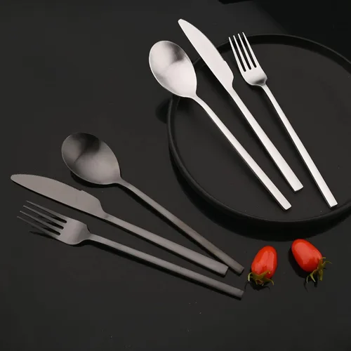 Vista 8 de JASHII Juego de cubiertos cepillados, juego de cubiertos de acero inoxidable de 24 piezas, servicio para 6, cuchillo mate, tenedor, cucharas