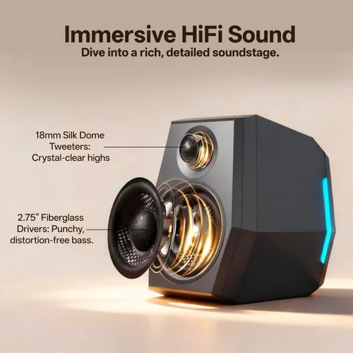 Vista 5 de Sanyun SW209 - Altavoces para juegos de PC de 36 W con DAC USB de 24 bits, Bluetooth 5.2 y entradas auxiliares, 3 modos de sonido EQ, altavoces