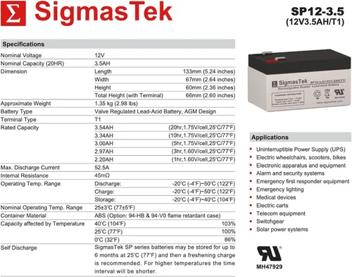 Vista 3 de SigmasTek Batería original SP12-3.5 (T1) SLA AGM 12V 3.5Ah F1