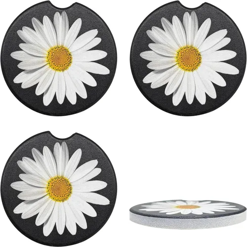 Vista 7 de Paquete de 2 posavasos para portavasos de coche, posavasos de cerámica absorbente con inserto para taza de margarita con muesca para el dedo, lindos