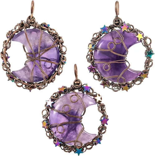 Vista 4 de TUMBEELLUWA Collar de cristal con estrella de luna creciente para mujeres y hombres, piedra curativa de reiki, colgante envuelto en alambre de cobre