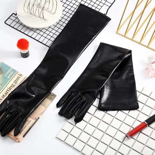 Vista 4 de SATINIOR Guantes metálicos de 21 pulgadas, guantes largos y brillantes, guantes de ópera para cosplay, unisex, para hombre, Negro