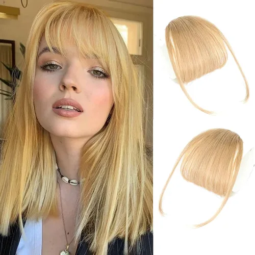 Vista 7 de Flequillo con clip de cabello humano real, flequillo rubio francés, extensiones de cabello para mujer, flequillo plano y ordenado, extensión