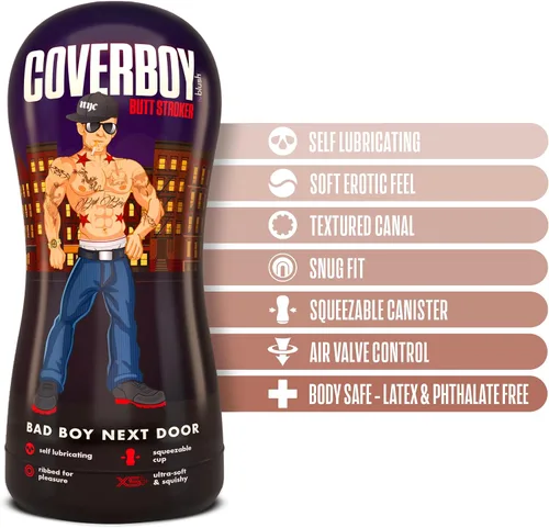 Vista 2 de Blush Coverboy Bad Boy Next Door 7.5" Masturbador autolubricante de bolsillo, realista para hombres, manga con textura acanalada, sensación similar