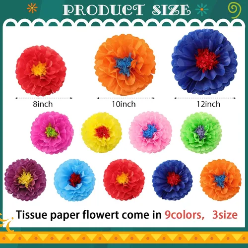 Vista 2 de Geyee 27 piezas de flores de papel mexicanas coloridas para fiestas, carnaval mexicano para telón de fondo de fiesta floral, cumpleaños, boda