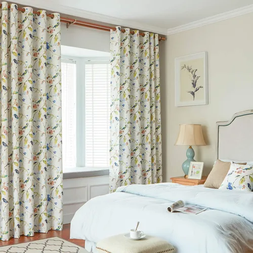 Vista 10 de VOGOL Cortina de ventana estilo campestre, cortinas estampadas con patrón de pájaros y hojas para dormitorio, paneles decorativos con ojales