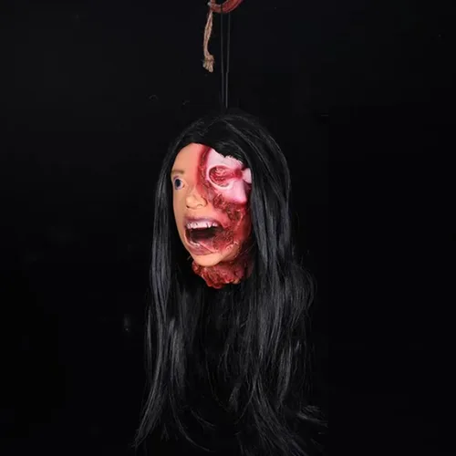 Vista 2 de Decoraciones colgantes de cabeza dividida para Halloween, cuerpo sangriento aterrador, cuerpo sangriento, tamaño real, real, accesorios de colgante