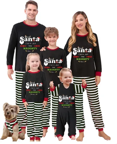 Vista 40 de Awoscut - Conjunto de pijamas navideños a juego, con estampado en la parte superior y pantalones a cuadros #B-7
