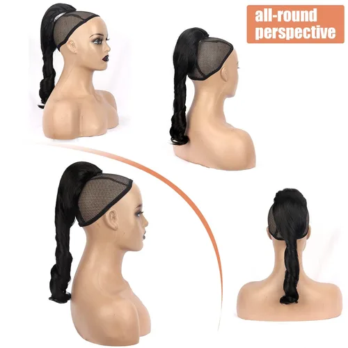 Vista 6 de KRSI Extensión de cola de caballo corta con cordón de 14 pulgadas para mujeres negras, cabello negro rizado, cola de caballo ondulada, piezas