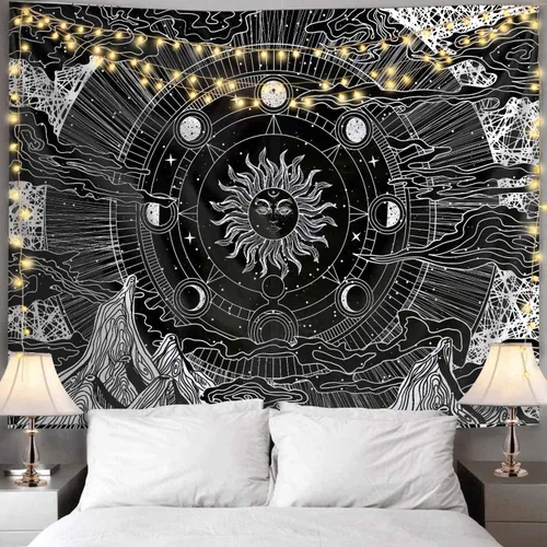 Vista 6 de Neapth Tapiz de sol para decoración de dormitorio y dormitorio, arte de pared blanco y negro, sol y luna, 59 x 59 pulgadas 1 Montaña del Sol