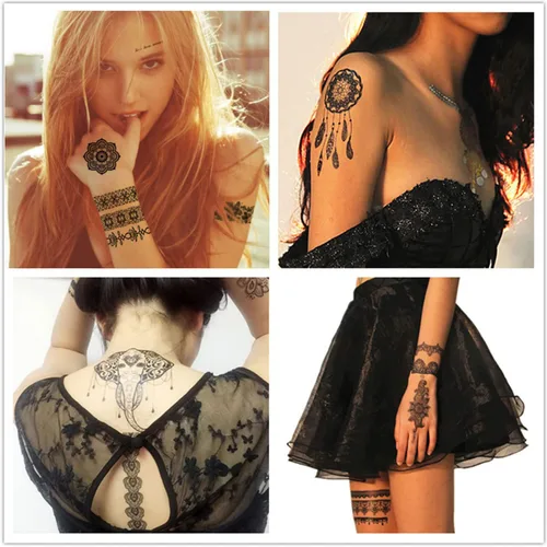 Vista 7 de 6 hojas de tatuajes temporales de henna negra para mujeres y niñas, calcomanías de tatuaje falsas de encaje, misterioso, sexy, mandala, flor, diseño