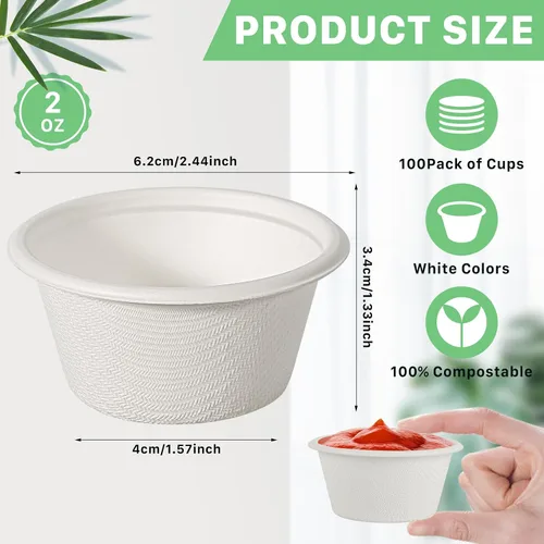 Vista 2 de Paquete de 100 tazas compostables para porciones, tazas de condimento de 2 onzas, tazas de soufflé 100% biodegradables, vasos de papel desechables