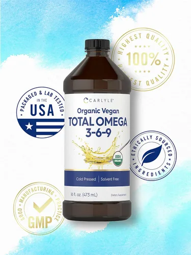 Vista 5 de Carlyle Omega 3 6 9 16 onzas líquidas Prensado en frío Suplemento orgánico certificado, vegano Vegetariano, sin OMG, sin gluten y sin