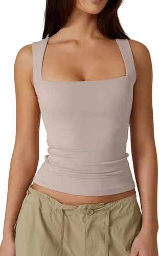 Vista 20 de QINSEN Camisetas básicas ajustadas de doble capa con cuello cuadrado para mujer Castaño