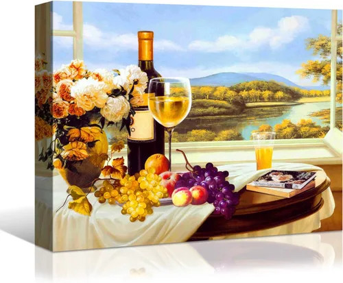 Vista 24 de Denozer - Arte de pared para cocina, lienzo, obras de arte de frutas, uvas, botellas de vino, alimentos, pintura en lienzo para comedor, decoración