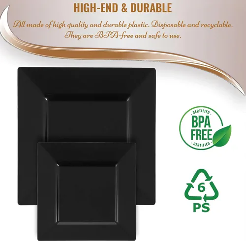 Vista 4 de Elegantes platos llanos cuadrados negros – 9.5 pulgadas (paquete de 10) – perfectos para bodas, fiestas de cumpleaños, festivales y más