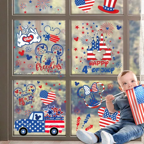 Vista 3 de Adhesivos para ventana del 4 de julio, 9 hojas de ratón con bandera americana adhesiva patriótica para ventana, decoraciones para el día