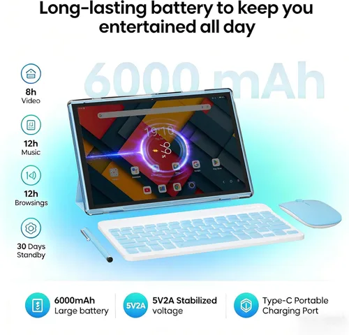 Vista 4 de Tablet de 10 pulgadas 2 en 1 Android 15 tabletas con teclado, tabletas de 10 pulgadas incluyen mouse teclado Stylus Case, 6000mAh 8GB RAM 32GB ROM