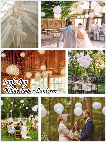 Vista 4 de 15 unidades de linternas de papel blancas colgantes con bolas para decoración de cumpleaños, boda, fiesta de compromiso, baby shower, clase de arte