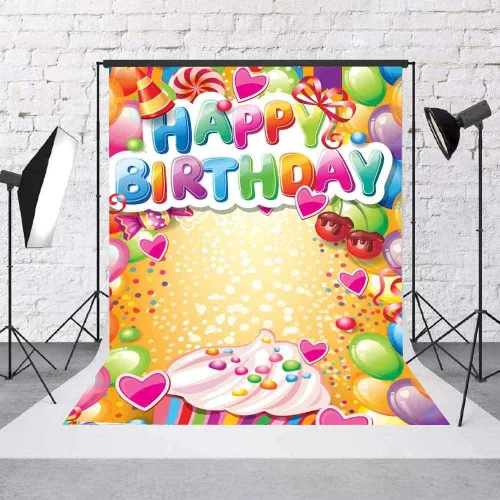 Vista 5 de Telones de fondo de fotografía de feliz cumpleaños, globos coloridos de 5 x 7 pies, fondo de fotos de dulces dulces para niños, fiesta temática