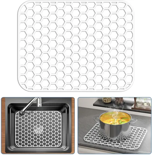 Vista 45 de Bestjing Paquete de 2 protectores de silicona para fregadero de cocina, accesorio de rejilla de cocina de 12 x 11 pulgadas, tapete antideslizante