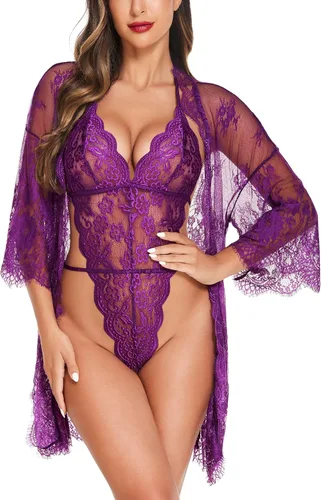 Vista 15 de Avidlove Conjunto de lencería de encaje de 2 piezas para mujer, kimono 1White