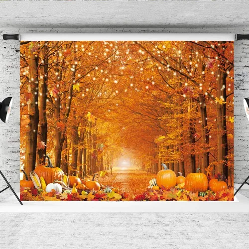 Vista 7 de Telón de fondo de fotos de poliéster de 7 x 5 pies para fotografía de otoño, bosque, paisaje, hojas de arce, calabazas, fondo, otoño, día de Acción