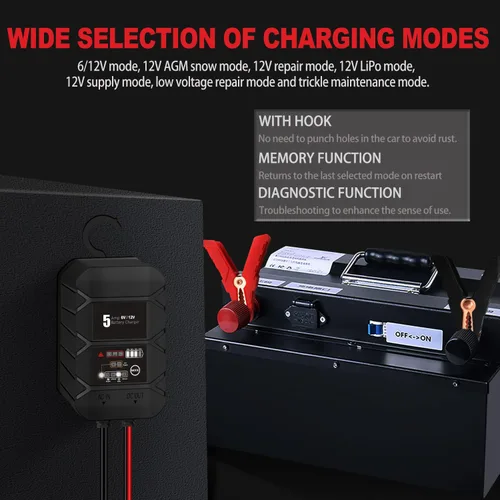 Vista 2 de BYGD Cargador de batería inteligente 5A 6v 12v automotriz, cargador de batería de flotador de ciclo profundo, desulfador de batería de reparación