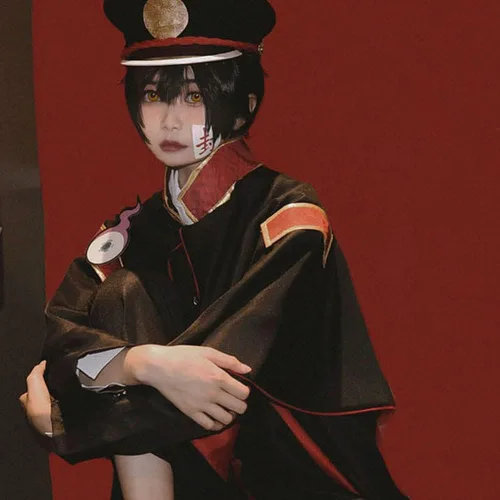 Vista 5 de Okazaki Disfraz de cosplay de Hanako Kun, conjunto completo de uniforme escolar, conjunto completo de Halloween con sombrero Hanako(con capa)