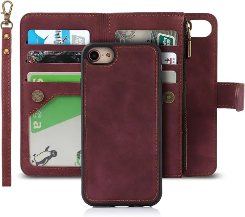 Vista 12 de iCoverCase Funda para iPhone SE (2022)/SE (2020)/7/8/6/6S con tarjetero y soporte para tarjetas, funda magnética desmontable de piel sintética