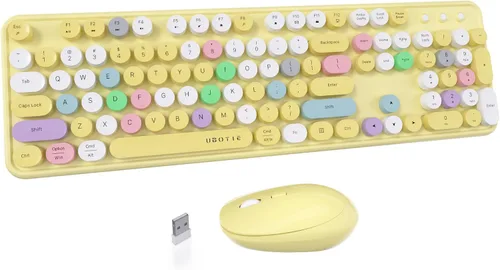 Vista 15 de UBOTIE Teclado inalámbrico colorido para computadora y mouse óptico, teclas flexibles, teclado de tamaño completo de oficina, conexión sin