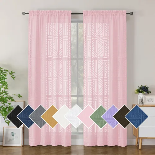 Vista 59 de Simplebrand Cortinas traslúcidas negras de cocina de 24 pulgadas de largo, 2 paneles, filtrado de luz, geométrico jacquard con textura, cortinas