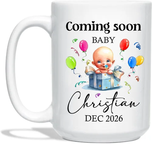 Vista 20 de Taza de café personalizada con nombre y año, taza de cerámica blanca personalizada para bebé, regalo único de taza de café con anuncio de embarazo