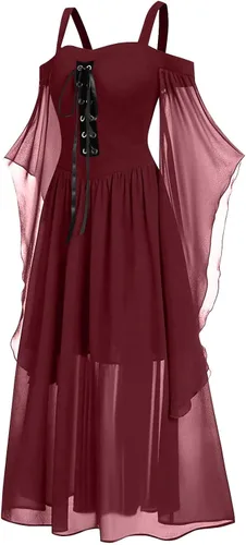 Vista 2 de Vestido punk gótico para mujer, con hombros descubiertos, manga de mariposa, vestido de Halloween, vestido de fiesta de cosplay de Navidad
