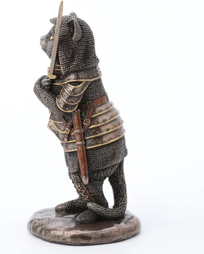 Vista 4 de Veronese Design 5 7/8 pulgadas Sir Pounce A Lot The Cat in Knight Armor - Figura de escultura de resina fundida en frío con acabado de bronce