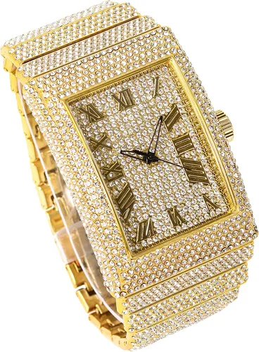 Vista 2 de Reloj rectangular con diamantes para hombre, cristales brillantes, esfera romana brillante, bisel helado, correa totalmente helada