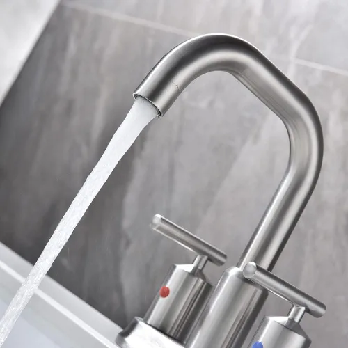 Vista 4 de Grifo de baño de níquel cepillado de 4 pulgadas y 2 manijas para fregadero de 3 agujeros, grifo de fregadero de baño central con ensamblaje