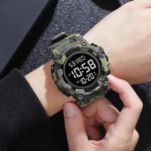 Vista 5 de Fanmis Reloj digital digital multifunción para hombre, electrónico, impermeable, con alarma, reloj deportivo de cuarzo, Azul Patchwork