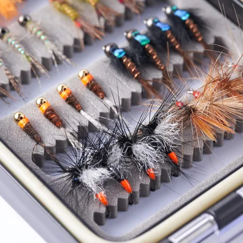 Vista 4 de BASSDASH Fly Fishing Flies Kit Fly Assortment Trout Bass Fishing with Fly Box with Dry/Wet Flies, Nymphs, Streamers, Popper
